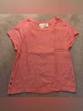 Cynthia Rowley Coral 100% Linen Button-Accent Short Sleeve Top size small